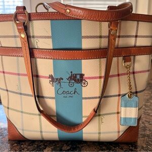 Coach Multicolor Plaid Tote with Blue Stripe